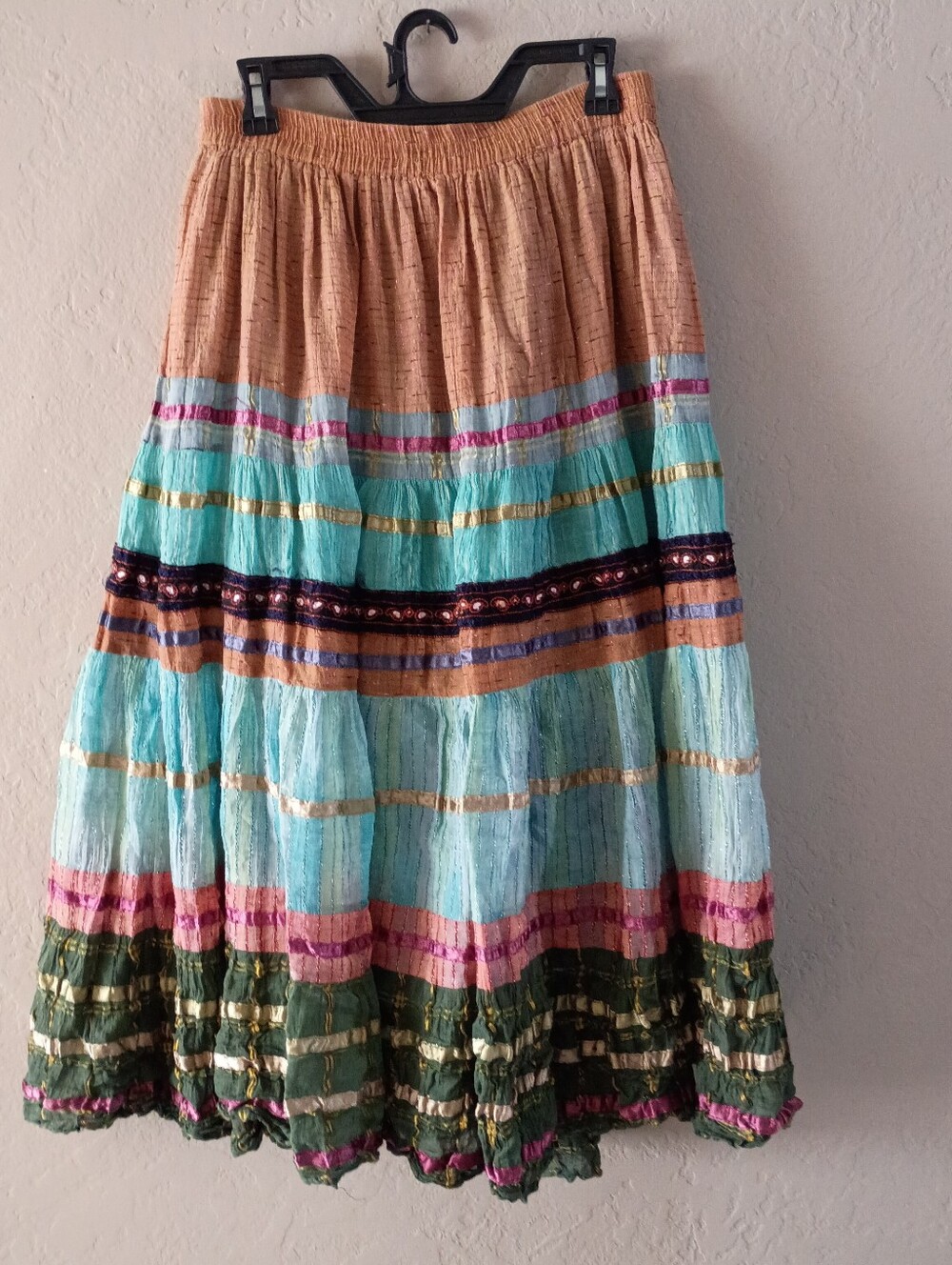 Coldwater Creek Boho Multi-Tier Metallic Stripe Midi Maxi Skirt Size Small